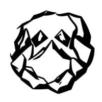 Geometric, abstract black and white artwork depicting a stylized skulllike figure with diamondshaped eyes, in a rounded, ringlike composition. vector