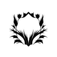 Silhouette botanical illustration featuring stylized grass and thistlelike flora, forming a frame around a central white space, isolated on a white background. vector