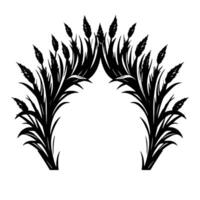 Black and white symmetrical archway formed by stylized wheat and grass, creating a decorative botanical . vector