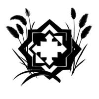 Geometric Mandala with Ornamental Detail and Grass Silhouettes in Minimalist Monochrome . vector