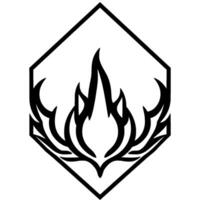 Black and White Geometric Emblem Stylized Flames Enclosed Within a Hexagonal Frame, Suggesting Energy and Protection. vector