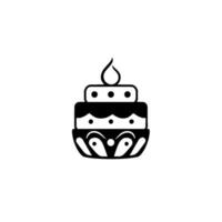 Black and white threetiered cake with ornamental base and a flameshaped top element, set against a stark white background. vector