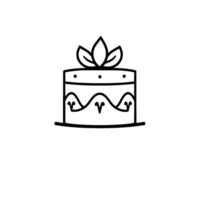Simple, elegant black line art of a twotiered cake, topped with leaves, with decorative wave pattern on its side, and minimalist style, on a white background. vector