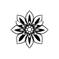 Symmetrical Black and White Floral Featuring Petals, Geometric Shapes, and a Circular Center on a Pure White Background. vector