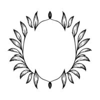 Elegant Black and White Circular Frame Leafy Branches, Delicate , Empty Center, Minimalist Aesthetic. vector