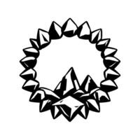 Black and white geometric of sharp, jagged rock shapes forming a circular frame, encompassing an abstract mountain silhouette. vector