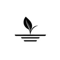 Minimalist black and white of a budding plant with a single large leaf, growing from tiered base, on a white background. vector