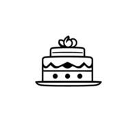 Minimalist black and white twotiered cake illustration with ornamental topping and dot details on a plate, isolated on white. vector