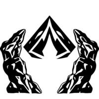 Abstract black and white featuring jagged rock formations flanking a stylized mountain range. vector