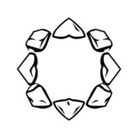 A symmetrical, minimalist black and white illustration of a circular arrangement of abstract geometric shapes. vector