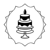 A stylized, threetiered cake with a single lit candle on top, presented on a pedestal, framed by a stylized, jaggededged circle, all in black and white. vector