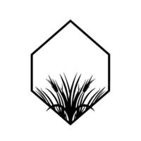 Geometric hexagon frame filled with stylized wheat field in black and white, perfect for logos and elements. vector
