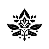 Symmetrical Black Floral Pattern on White, Depicting Leaves and Ornate Details, Resembling a Decorative Ornament or Emblem. vector