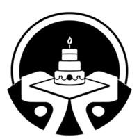 Minimalist Black and White Illustration of a ThreeTiered Birthday Cake with a Lit Candle, Presented on a Geometric Tray held by symbolic Hands within a Circular Frame. vector