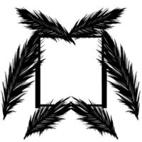 Black and white minimalist art featuring a square frame surrounded by symmetrical palm leaves. vector