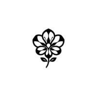 Elegant Black and White Floral Silhouette on White Simple, symmetrical of stylized flower with petals, leaves, and stem, on a clean, minimalist background. vector