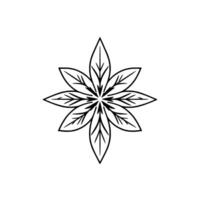 A symmetrical, black and white floral illustration featuring eight pointed, stylized leaves with intricate vein details, arranged in a circular pattern against a clean white backdrop. vector