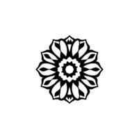 A symmetrical, black and white circular mandala with petallike shapes, intricate , and a central starlike pattern on white background. vector