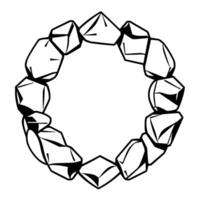 Circular arrangement of geometric, gemlike stones, rendered in a stark black and white, minimalist , creating a structured, decorative border. vector
