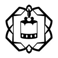 Black and white geometric illustration of a candle inside a decorative, angular frame with an octagonal and florallike form. vector