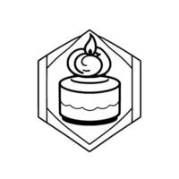 Geometric emblem featuring a stylized cake with a flame on top, all within a hexagonal and rectangular frame. vector
