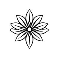 Symmetrical black and white stylized floral , featuring pointed petals and a central circular element, against a pristine white backdrop. vector
