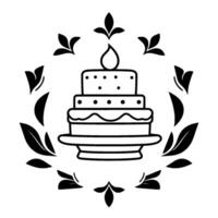 Black and white threetiered cake illustration with a candle, encircled by a symmetrical leaf and decorative floral frame. vector