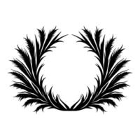 Symmetrical Black and White Illustration of a Foliage Wreath with Stylized Leaf Elements on White Background. vector