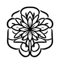 Symmetrical Black and White Floral Mandala with Overlapping Petals, Spirals, and Geometric Shapes on White Background. vector