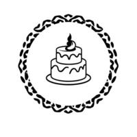 Elegant Black and White Illustration TwoTier Cake with a Single Lit Candle, Within a Decorative Ornate Circular Frame. vector