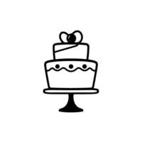 Minimalist Black and White Line Art Illustration of a TwoTiered Cake with a Bow, on a Pedestal, on a White Background. vector