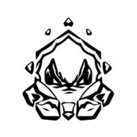 Black and white abstract illustration of a geometric anthropomorphic rock creature with a stern, aggressive expression and sharp edges. vector