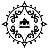 A symmetrical, ornamental black and white featuring a cake at the center, embellished with stylized floral and heart motifs. vector