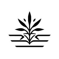 A minimalist, symmetrical botanical featuring stylized leaves and horizontal lines, rendered in bold black against a pure white background. vector