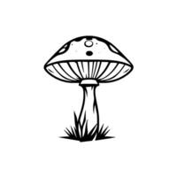 Artistic Black and White Illustration of a Detailed Mushroom with Dots, Gill Lines, and Grass on a White Background vector