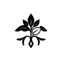 Symmetrical, minimalist black and white botanical emblem featuring stylized leaves and elegant, curved stem elements against a stark white background. vector