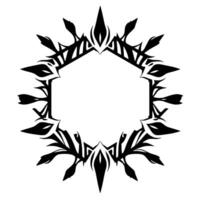 Intricate Black White Geometric Floral Frame with Stylized Leaves, Pointed Petals, and Hexagonal Center for Embellishment. vector