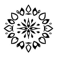 Symmetrical black and white ornamental featuring a central flowerlike pattern, surrounded by stylized leaf and teardrop shapes, all arranged in a radiating, geometric composition against a pla vector