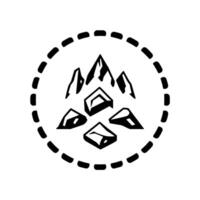 Stylized black and white emblem featuring a mountain range and rocks enclosed within a dotted circular border, evoking camping. vector