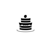 Minimalist black and white tiered cake illustration with round topper, and a single small green leaf, set on a white background. vector