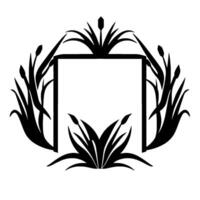 Black and white stylized illustration of a rectangular frame surrounded by symmetrical water reeds and cattails, evoking a minimalist, natureinspired . vector