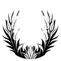 Elegant Black and White Floral in a Circular Composition, featuring Leaves, Feathers, and Decorative Elements with a Stylized Symbol. vector