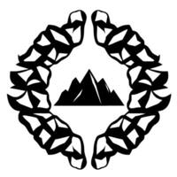 Black and white symmetrical emblem featuring a mountain silhouette encircled by an abstract, geometric laurel wreath. vector