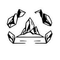 Geometric black and white featuring mountain peaks and hovering stylized crystals in a circular arrangement. vector