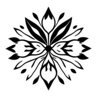Symmetrical, geometric floral in stark black and white, featuring stylized leaves and a central focal point, creating a balanced and ornamental composition. vector