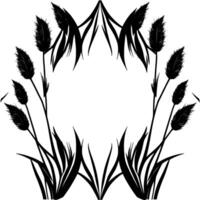 Symmetrical Black and White Illustration of Wheat Stalks and Grass Blades Framing an Open Oval Space. vector