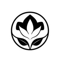 Minimalist Black and White A Floral Emblem Featuring Stylized Petals and Leaves Within a Circular Border on White. vector