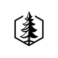 Minimalist Black Silhouette of a Pine Tree Within a Hexagon Frame, Geometric on White Background. vector