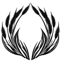 Stylized Black and White Wheat Stalks and Blades of Grass, Forming an OvalShaped on White Background. vector