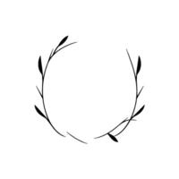 Minimalist Botanical Wreath Black Ink Branches with Leaves forming a Circular Frame on White Background. vector